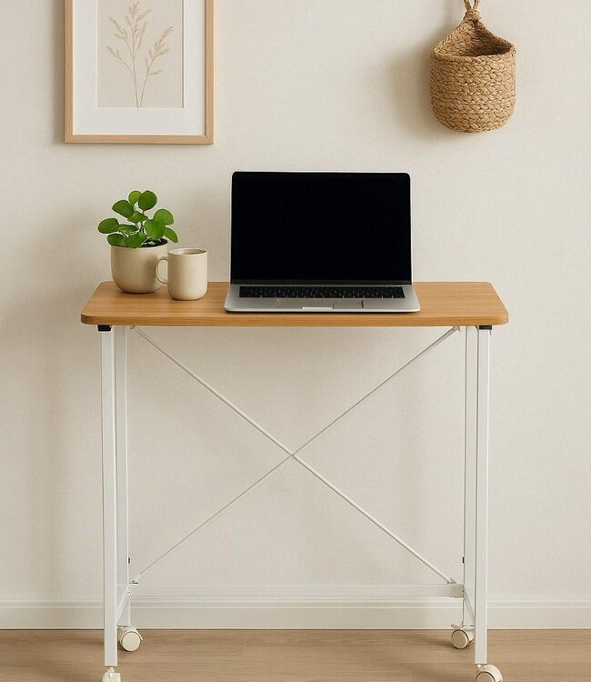 Wall Table – Folding Tabletop – White Frame – With Wheels