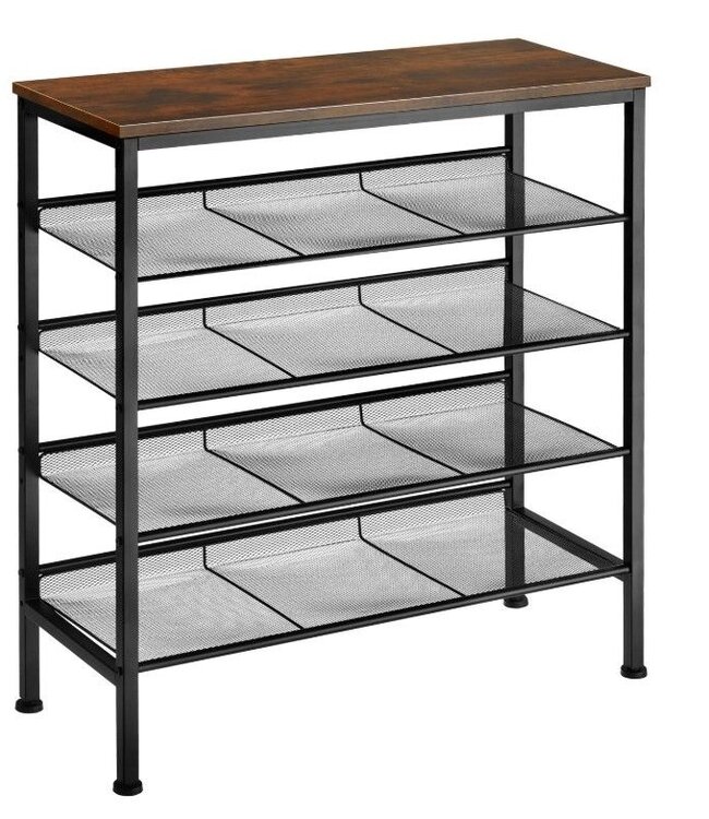 Shoe Rack – Wood & Metal – 4 Tiers – Adjustable Feet