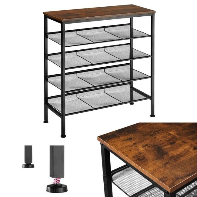 Shoe Rack – Wood & Metal – 4 Tiers – Adjustable Feet