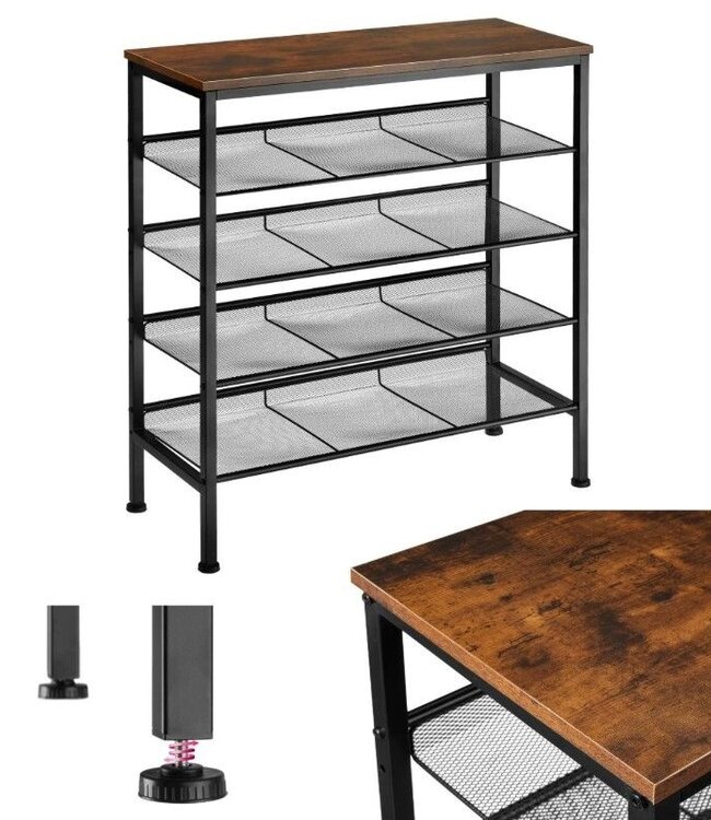 Schoenenrek – Hout & Metaal – 4 Niveaus – Verstelbare Pootjes