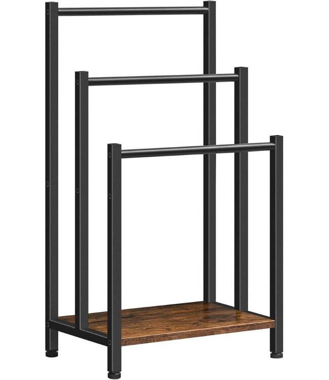 Freestanding Towel Rack – Metal & MDF – 3 Arms – Matte Black – Adjustable Feet