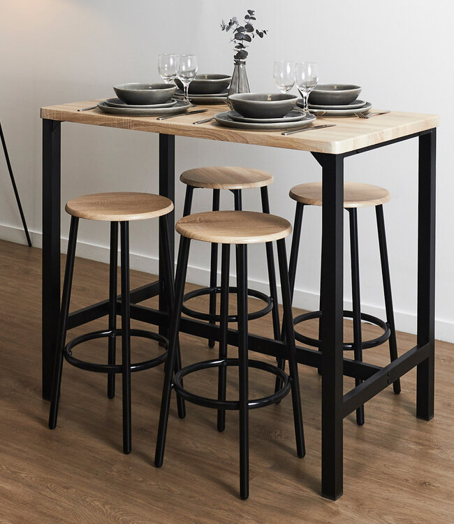 Tafel met 4 Krukjes – Industrieel Loka Set met IJzeren Frame