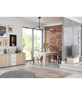 AUCUNE Woonkamerset – PILVI – Sonoma Eiken / Mat Wit – TV-Meubel + Dressoir + Eettafel
