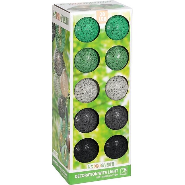 ProGarden Dekorative Girlande beleuchtet - 20 LED-Baumwolllaternen - mit Timer - Grün