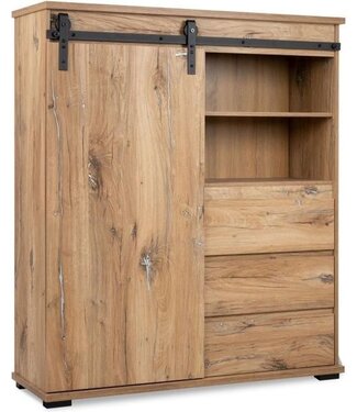 AUCUNE Sideboard – MANZANO – Flagstaff Oak Decor – 1 Sliding Door, 3 Drawers, 2 Niches – 120x140x40 cm