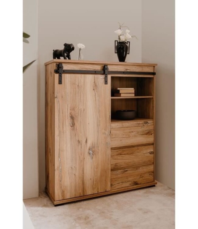 Sideboard – MANZANO – Flagstaff Oak Decor – 1 Sliding Door, 3 Drawers, 2 Niches – 120x140x40 cm