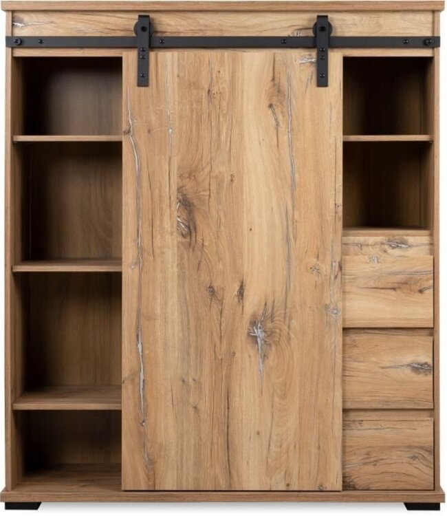 Sideboard – MANZANO – Flagstaff Oak Decor – 1 Sliding Door, 3 Drawers, 2 Niches – 120x140x40 cm