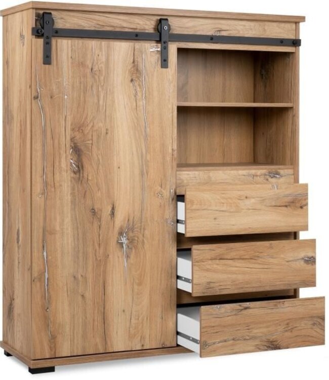 Sideboard – MANZANO – Flagstaff Oak Decor – 1 Sliding Door, 3 Drawers, 2 Niches – 120x140x40 cm