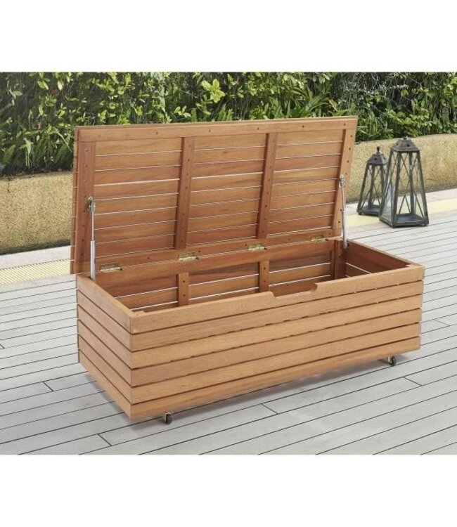 Garden Storage Box 190L – FSC Eucalyptus Wood – Teak Effect – With Wheels – 48.5 x 109.5 x 37 cm
