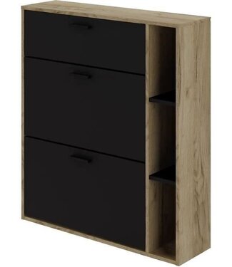 AUCUNE Shoe Cabinet – Black Melamine / Rustic Oak – 2 Doors – 8-10 Pairs – 90 x 25 x 102 cm