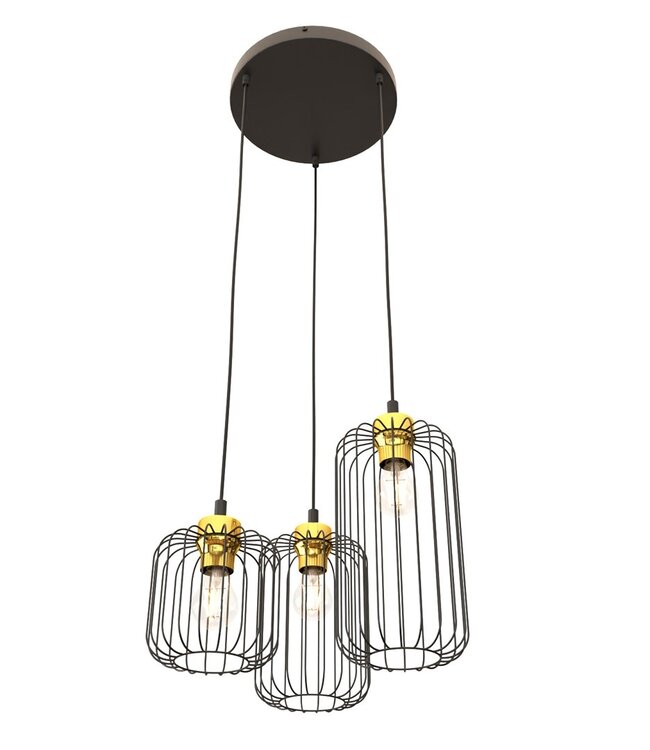 Hanglamp – Industrieel – 3 Lichtpunten – Zwart / Goud Metaal – Verstelbare Hoogte