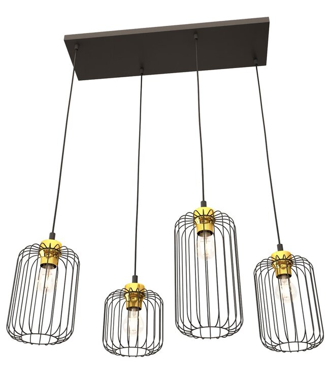 Hanglamp – Industrieel – 4 Lichtpunten – Zwart Metaal / Goud – Verstelbare Hoogte