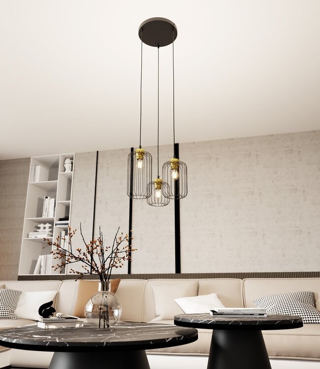 Hanglamp – Industrieel – 3 Lichtpunten – Zwart / Goud Metaal – Verstelbare Hoogte