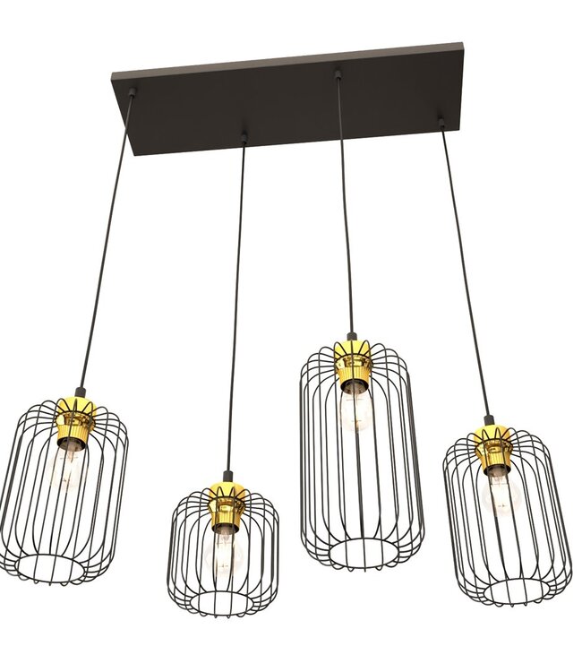 Hanglamp – Industrieel – 4 Lichtpunten – Zwart Metaal / Goud – Verstelbare Hoogte
