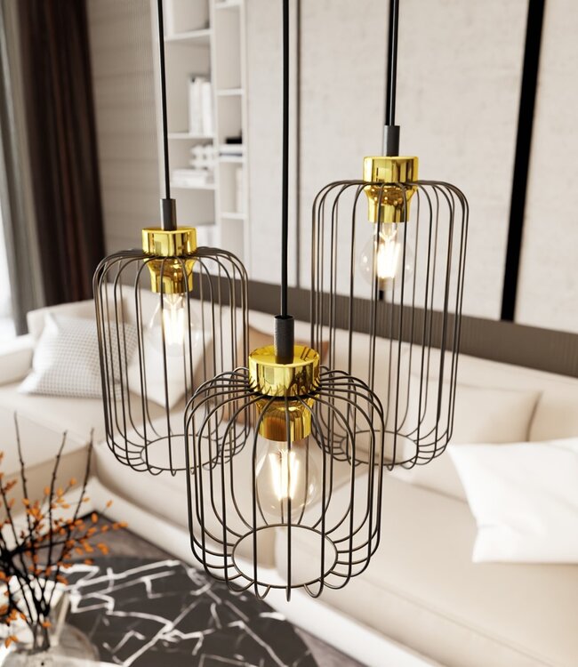 Hanglamp – Industrieel – 3 Lichtpunten – Zwart / Goud Metaal – Verstelbare Hoogte
