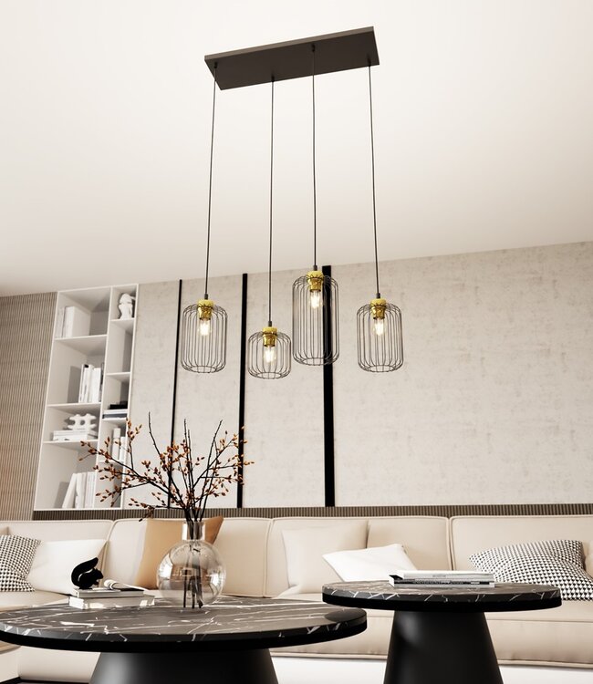 Hanglamp – Industrieel – 4 Lichtpunten – Zwart Metaal / Goud – Verstelbare Hoogte