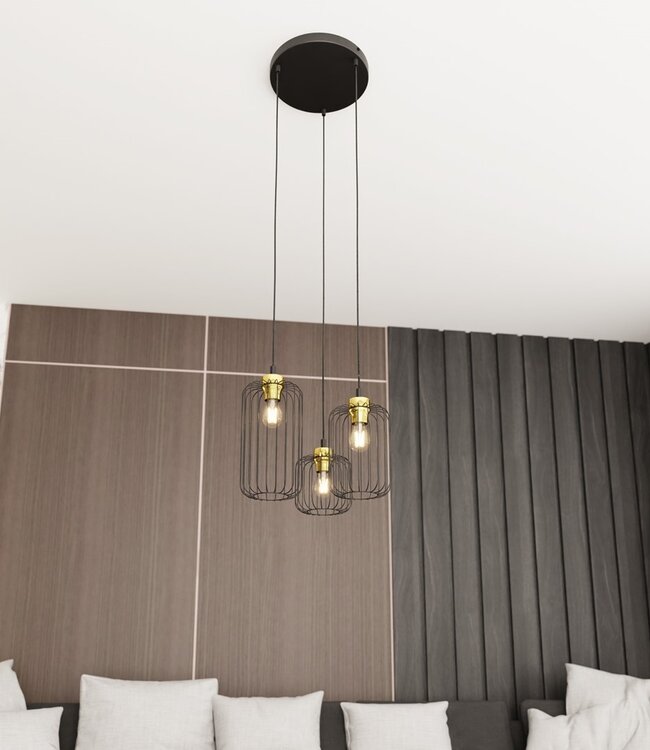Hanglamp – Industrieel – 3 Lichtpunten – Zwart / Goud Metaal – Verstelbare Hoogte