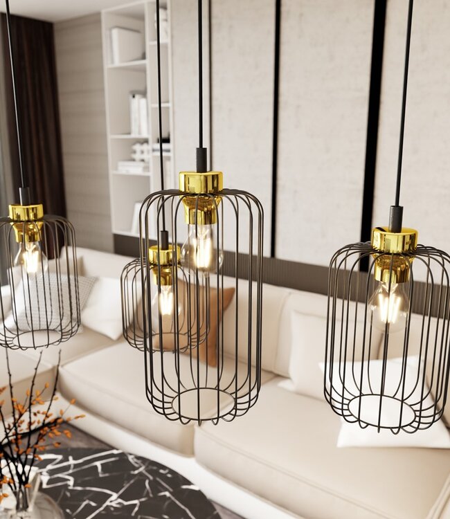 Hanglamp – Industrieel – 4 Lichtpunten – Zwart Metaal / Goud – Verstelbare Hoogte