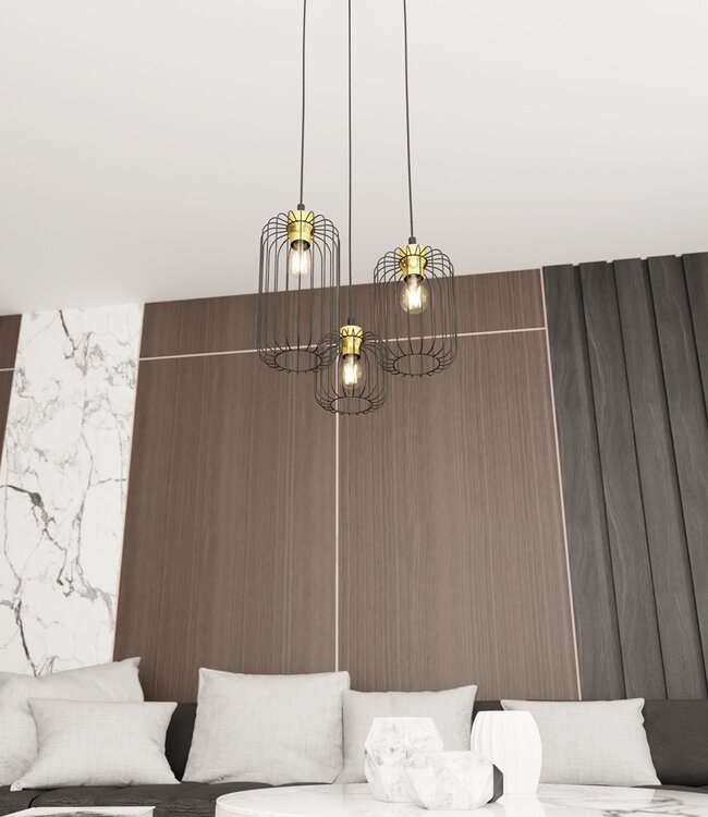 Hanglamp – Industrieel – 3 Lichtpunten – Zwart / Goud Metaal – Verstelbare Hoogte