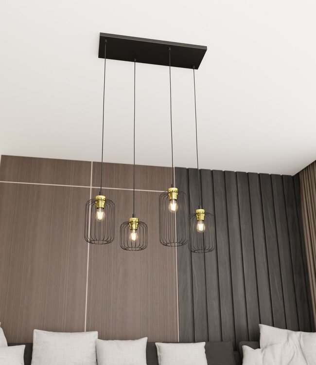 Hanglamp – Industrieel – 4 Lichtpunten – Zwart Metaal / Goud – Verstelbare Hoogte