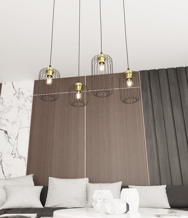 Hanglamp – Industrieel – 4 Lichtpunten – Zwart Metaal / Goud – Verstelbare Hoogte