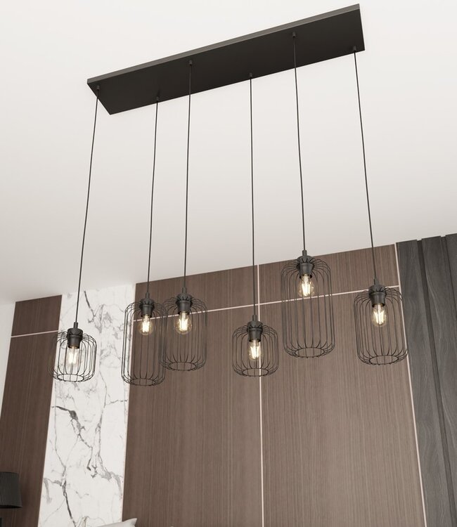 VANDER Hanglamp – Industrieel – Zwart Staal – 6-Lichts – Verstelbare Hoogte