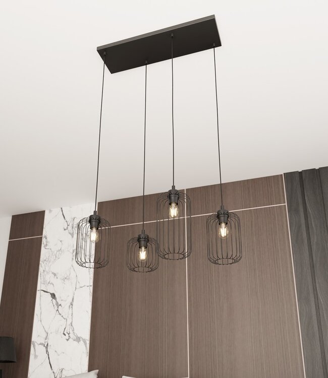 Hanglamp – Industrieel / Modern / Minimalistisch – 4 Lichtpunten – Zwart Metaal – Verstelbare Hoogte