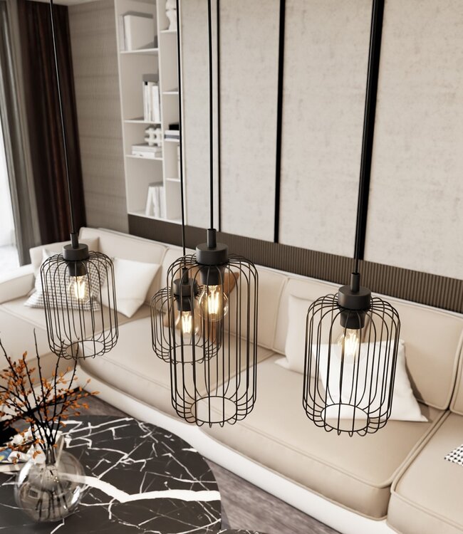 Hanglamp – Industrieel / Modern / Minimalistisch – 4 Lichtpunten – Zwart Metaal – Verstelbare Hoogte