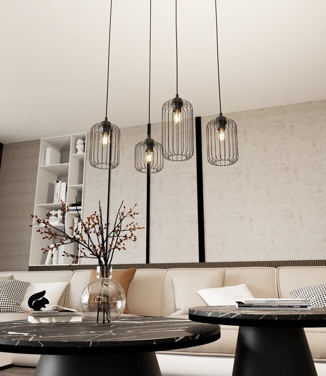 Hanglamp – Industrieel / Modern / Minimalistisch – 4 Lichtpunten – Zwart Metaal – Verstelbare Hoogte