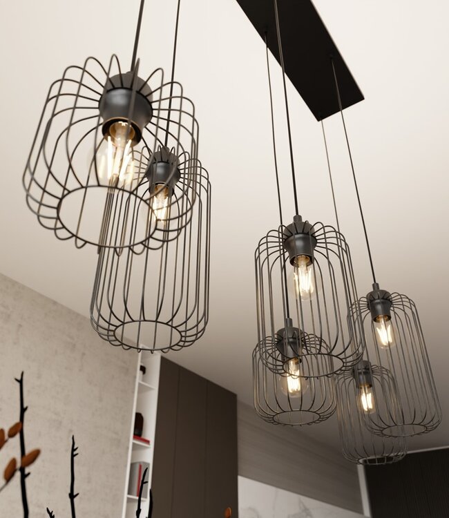 VANDER Hanglamp – Industrieel – Zwart Staal – 6-Lichts – Verstelbare Hoogte