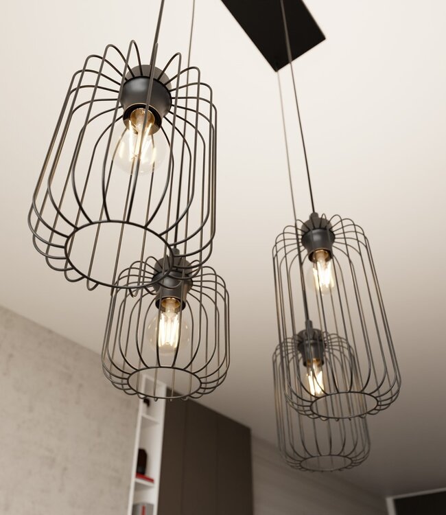 Hanglamp – Industrieel / Modern / Minimalistisch – 4 Lichtpunten – Zwart Metaal – Verstelbare Hoogte