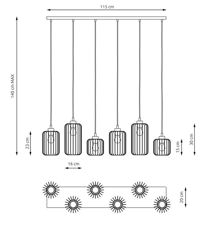 VANDER Hanglamp – Industrieel – Zwart Staal – 6-Lichts – Verstelbare Hoogte