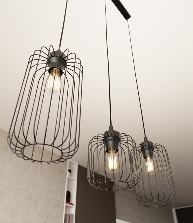 Hanglamp – Industrieel – 3 Lichtpunten – Zwart Metaal – Verstelbare Hoogte