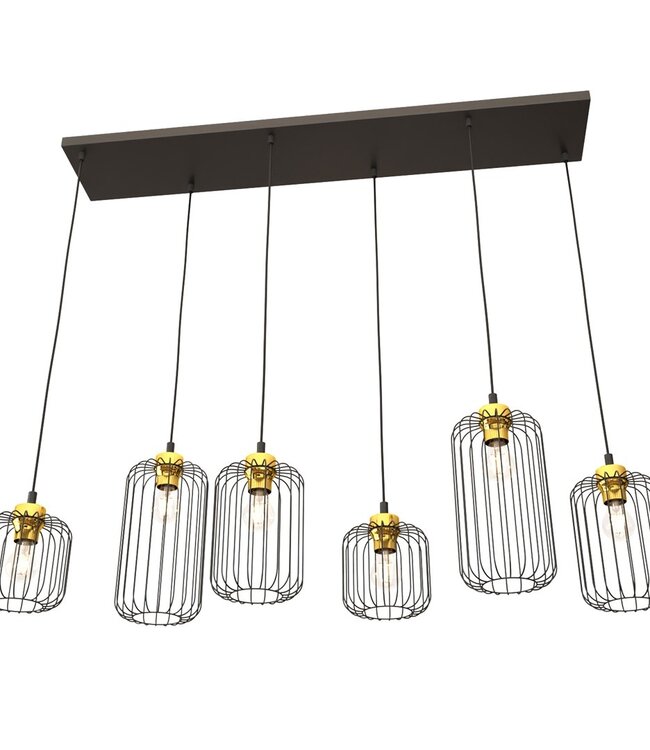 Hanglamp – Industrieel – 6 Lichtpunten – Zwart / Goud Metaal – Verstelbare Hoogte