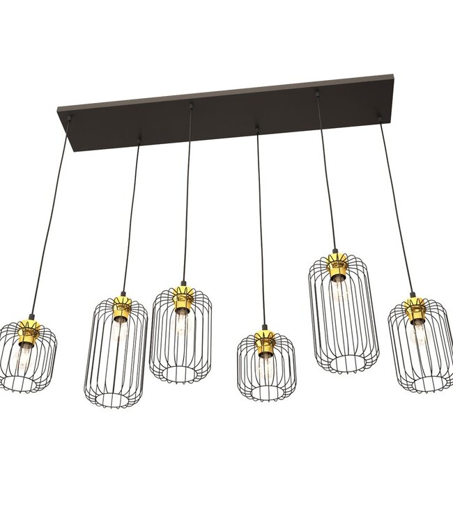 Hanglamp – Industrieel – 6 Lichtpunten – Zwart / Goud Metaal – Verstelbare Hoogte