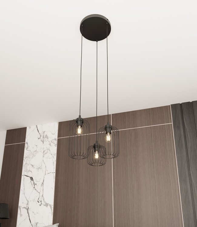 Hanglamp – Industrieel – 3 Lichtpunten – Zwart Metaal – Verstelbare Hoogte