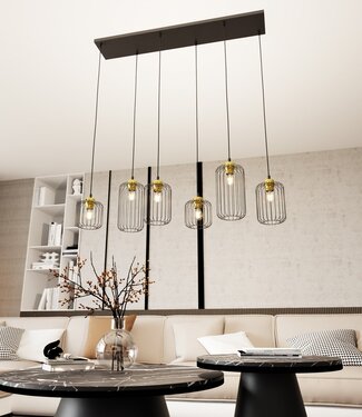 Pendant Lamp – Industrial – 6-Light – Black / Gold Metal – Adjustable Height
