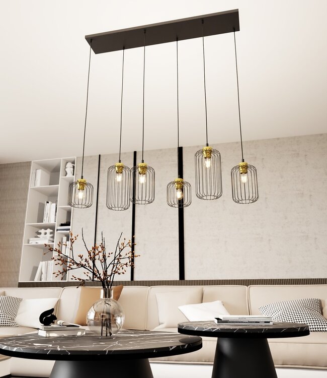 Hanglamp – Industrieel – 6 Lichtpunten – Zwart / Goud Metaal – Verstelbare Hoogte