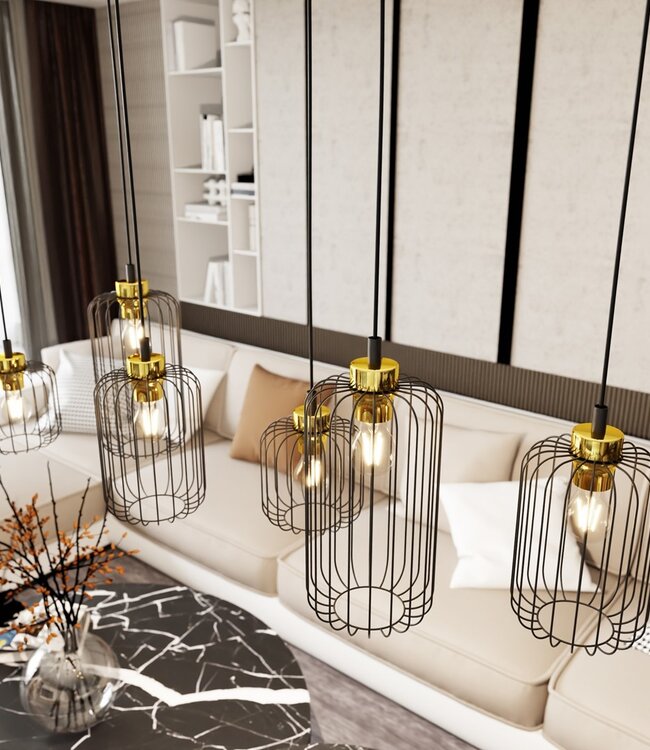 Hanglamp – Industrieel – 6 Lichtpunten – Zwart / Goud Metaal – Verstelbare Hoogte