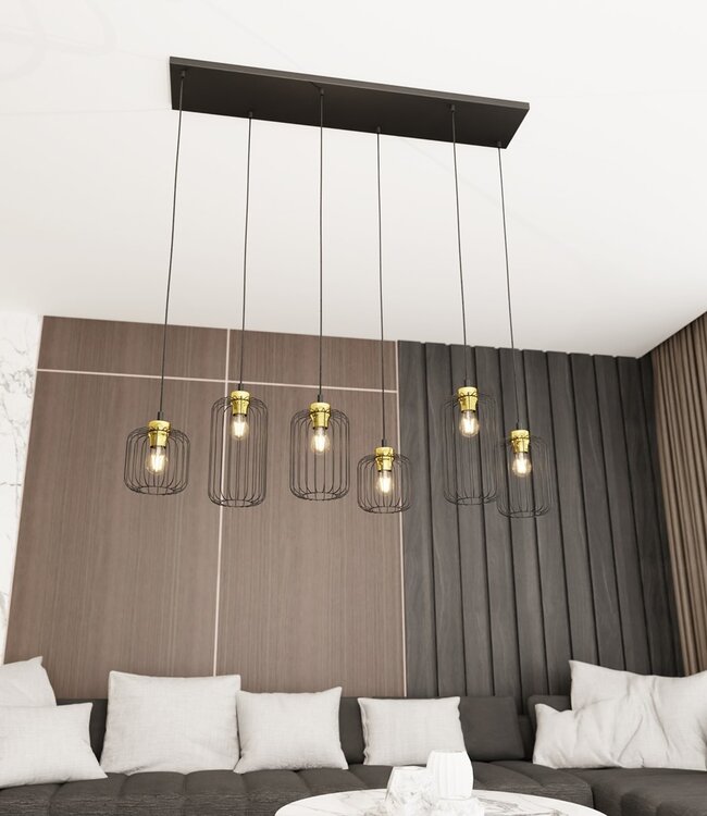 Hanglamp – Industrieel – 6 Lichtpunten – Zwart / Goud Metaal – Verstelbare Hoogte
