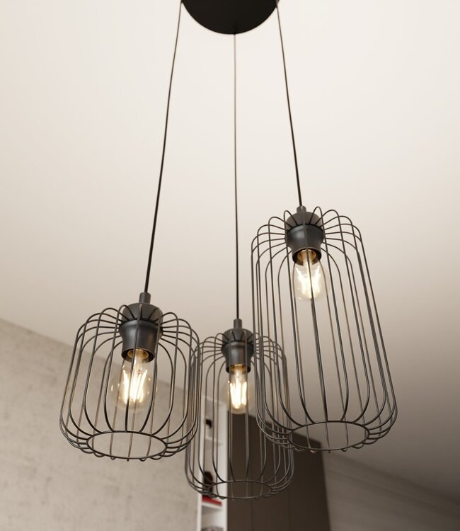 Hanglamp – Industrieel – 3 Lichtpunten – Zwart Metaal – Verstelbare Hoogte