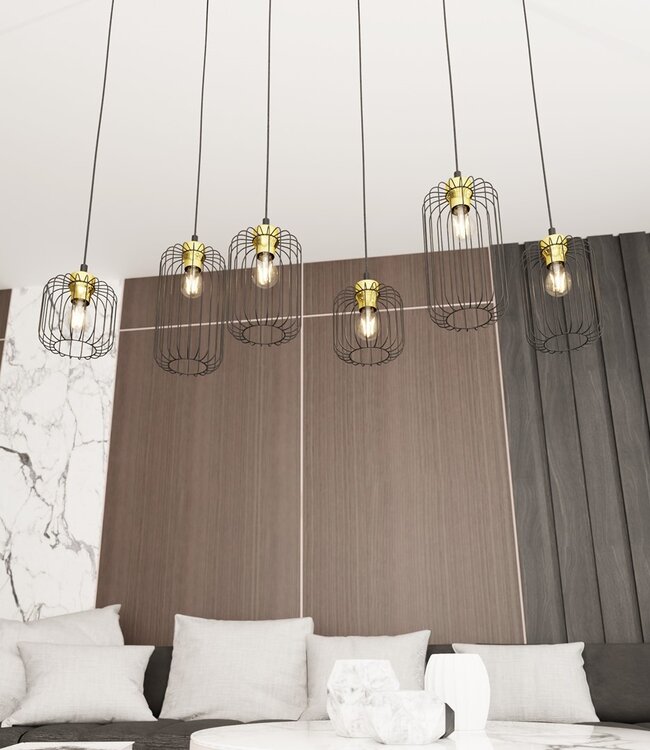 Hanglamp – Industrieel – 6 Lichtpunten – Zwart / Goud Metaal – Verstelbare Hoogte