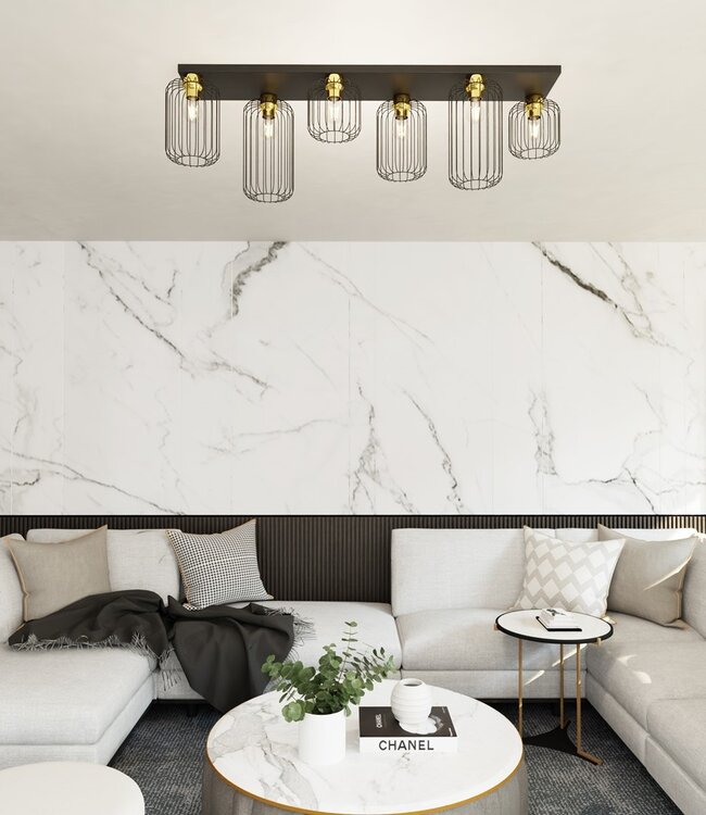 Ceiling Lamp – Industrial – 6-Light – Black Gold Metal