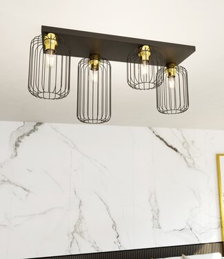 Ceiling Lamp – Industrial – 4-Light – Black & Gold Metal