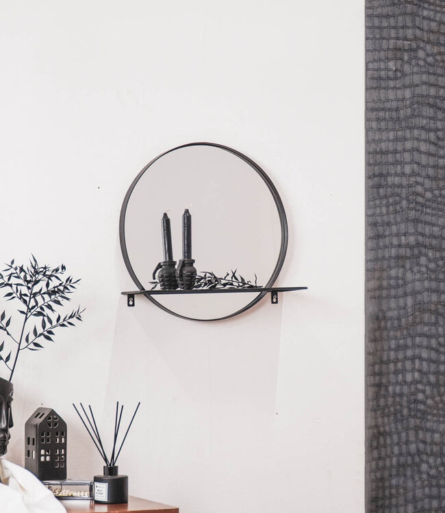 Round Mirror with Shelf – Metal – Black – Ø40 cm