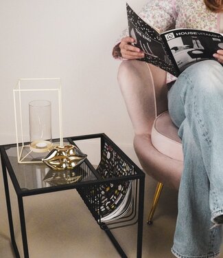 Housevitamin Side table - Glass table top with metal storage rack 40x40x40"