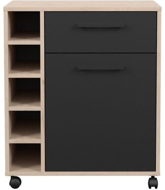 PARISOT Serveerwagen – 1 deur, 1 lade, 5 flessenrekken – Eiken / Mat Zwart – 60 x 40,3 x 71 cm