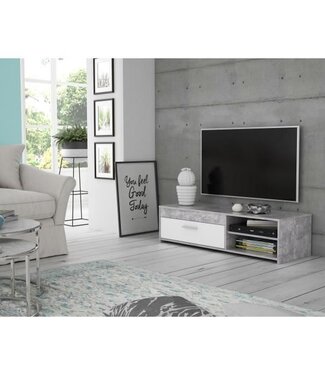 AUCUNE Contemporary TV Unit – White and Light Grey Concrete – W 120 x D 42.1 x H 31.8 cm