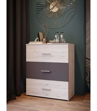 AUCUNE Ladekast ADRIA – 3 laden – Essen eiken / Massief grijs – 75,2 x 41,3 x 89,7 cm