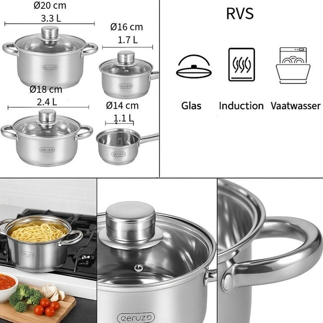Pannenset 8-delig - alle Warmtebronnen - Inductie